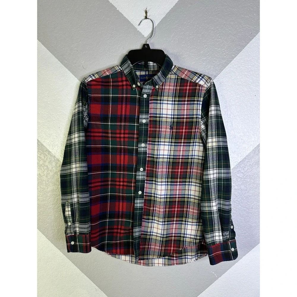 Ralph Lauren Boys Performace Red Green Plaid Casual Button Up Fun Shirt Lg 14-16